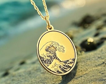 14k Gold Great Wave Off Kanagawa Necklace, Hokusai Pendant, Oki Nami Ura Jewelry, Sea Wave Chain, Birthday Charm, Gift for Him, Gift for Her