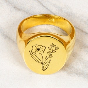 Anello di fiori selvatici, Anello con sigillo di girasole Donna, Anello con sigillo in argento sterling inciso, Anello floreale, Gioielli di fiori selvatici, Anello pinky riempito d'oro