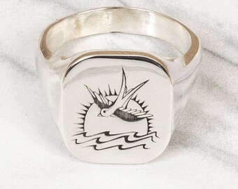 ツバメ　シグネット　リング　シルバー　13号 ツバメ鳥スターリングシルバーシグネットリング、ジョニーデップ