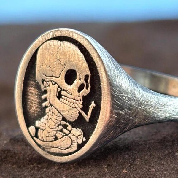 Van Gogh Schädel Ring, Kopf eines Skeletts mit einer brennenden Zigarette Pinky Ring, Memento Mori Vivere Siegelring Frauen, Renaissance Männer Schmuck