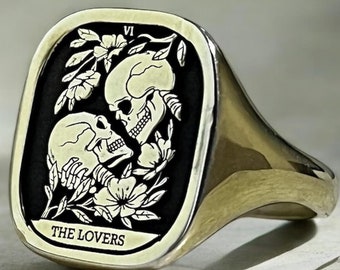 The Lovers Tarot Card Signet Ring, Skeleton Couple Pinky Ring, Skull Jewelry Man, Gothic Ring Women, Unique Birthday Gift for Her and Him