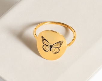 Silver Butterfly Ring, Oval Animal Engraved Thin Signet Ring, Bridesmaid Gifts, Minimalist Dainty Gift for Her, Gold Filled Silver Ring