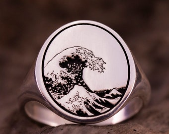 Bague La grande vague au large de Kanagawa, chevalière Kanagawa Oki Nami Ura, bagues auriculaires vague de mer, bijoux art japonais pour homme, cadeaux Wind Waker pour femme