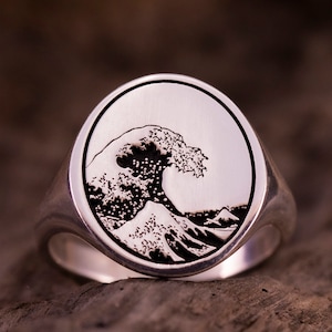 The Great Wave Off Kanagawa Ring, Kanagawa Oki Nami Ura Signet Ring, Sea Wave Pinky Rings, Japanese Art Jewelry Men, Wind Waker Gifts Women