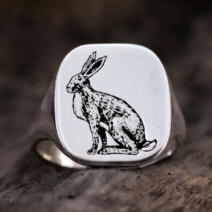 Rabbit Signet Ring, Bunny Pinky Ring, Handmade Animal Jewelry, Family Crest Signet Ring, Sterling Silver Ring, Gifts for Her, Gifts for Him