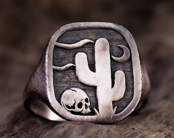 Cactus Signet Ring, Western Pinky Ring, Rustic Mens Ring, Unique Boyfriend Gift, Oxidized Texas Ring, Arizona Ring, Skull Ring, Gift for Him