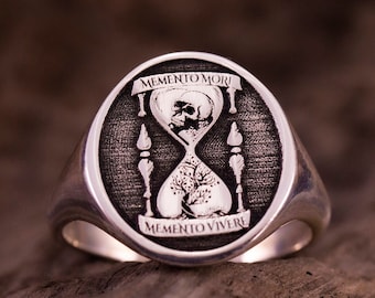 Memento Mori - Anillo Memento Vivere, Anillo de sello de estoicismo Hombres, Reloj de arena Pinky Ring Mujeres, Anillo de calavera estoica, Joyería Memento Mori