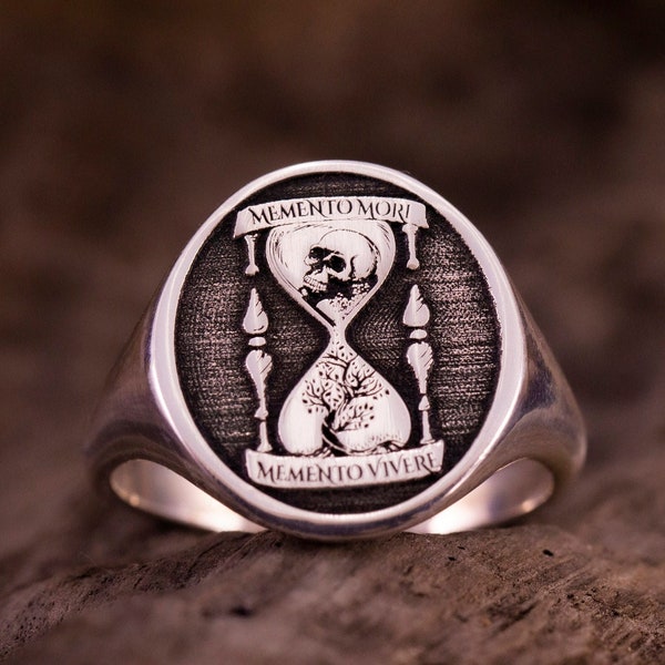 Anillo Memento Mori - Memento Vivere, Anillo de sello estoico para hombre, Anillo de meñique con reloj de arena para mujer, Anillo de calavera estoica, Joyería Memento Mori