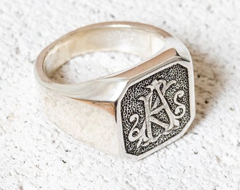 Anillo de sello de plata con monograma personalizado, anillo de promesa para él, anillo de sello para mujer, anillo grabado inicial personalizado, anillo de hombre con letra llena de oro