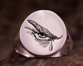 Lucifer's Tears Ring, The Fallen Angel Signet Ring, Silver Eye Pinky Ring, Gold Artist Painter Signet Ring, Devil Pinky Ring, Satan Ring