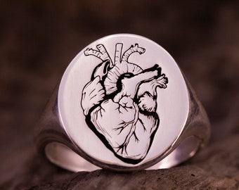 Anillo de sello de corazón anatómico, anillo de meñique de plata de corazón real, anillo de estudiante de medicina para mujeres, joyería de cirujano de corazón para hombres, regalo de graduación para mujeres