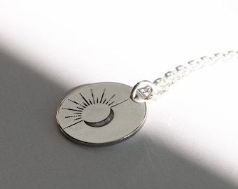 Sun and Moon Necklace, 14k Solid Gold Moon Sun Pendant, Rose Gold Chain,  Silver Tiny Moon, Gift for Friendship, Crescent and Celestial Charm