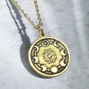Collar de fase lunar de oro de 14 k, colgante de media luna de plata, joyería celestial, dije de astrología, cadena de cumpleaños completa, regalo para él, regalo para ella