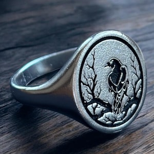 Crow Ring, Raven Signet Ring Woman, Bird Animal Pinky Ring Men, Norse Mythology Bird of Prophecy Jewelry, Witch Gift Him, Gothic Gift Her