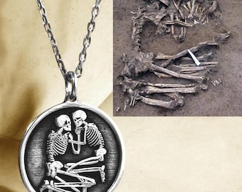 Lovers Necklace, Valdaro Skeleton Couple Pendant, Romantic Skull Charm Jewelry, Gothic Anniversary Chain, Birthday Gift for Him & Her