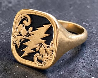 Lightning Bolt Signet Ring – Silver Grateful Dead Steal Your Face Pinky Ring, Rock Band Jewelry