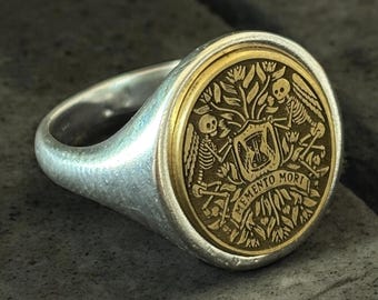 Anillo Memento Mori, Anillo Sello Memento Vivere para hombre, Anillo de meñique estoico para mujer, Anillo de calavera, Joyería Memento Mori para regalar a él