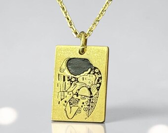 14k Gold The Kiss Necklace, Silver Artwork by Gustav Klimt Pendant, Art Charm, Artist Painter Chain, Lover Jewelry, Birthday Gift Him - Her