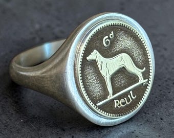 Irish Wolfhound Signet Ring — Silver Irish Coin Pinky Ring, Celtic Dog Jewelry, Ireland Heritage Gift