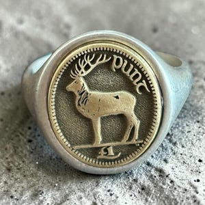 Irländsk hjortmynt signetring — Silver Irlandhjortmynt lillfingring, keltiska smycken, Irlands ettpundsgåva