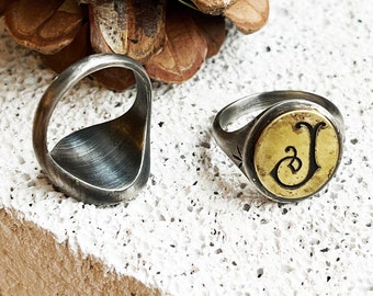 Two Tone Monogram Silver Signet Ring, Vintage Ring For Her, Unique Signet Ring Women, Custom Initial Engrave Ring, Brass Letter Men Ring