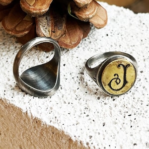 Two Tone Monogram Silver Signet Ring, Vintage Ring For Her, Unique Signet Ring Women, Custom Initial Engrave Ring, Brass Letter Men Ring