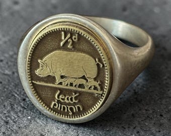 Irish Pig Signet Ring — Silver Irish Sow Coin Pinky Ring, Celtic Farm Jewelry, Lucky Ireland Gift