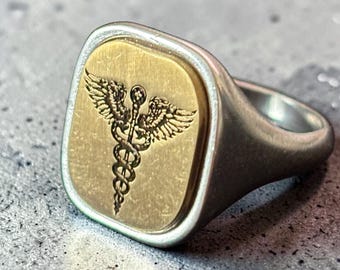 Caduceus zegelring — zilveren medicinaal symbool pinkring sieraden