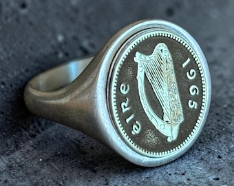 Irish Harp Signet Ring — Silver Ireland Coin Pinky Ring, Celtic Heritage Jewelry, Gaelic Gift