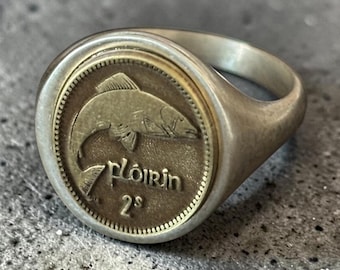 Irish Salmon Signet Ring — Silver Irish Coin Pinky Ring, Celtic Fish Jewelry, Wisdom Gift