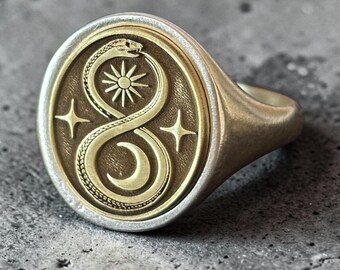 Ouroboros Snake Signet Ring — Silver Sun Moon Pinky Ring, Mythology Jewelry
