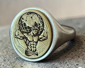 Atlas Signet Ring – Silver Holding the Globe Pinky Ring, Greek Titan Mythological Jewelry