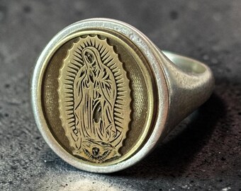 Virgin Mary Signet Ring — Silver Miraculous Holy Mother Pinky Ring, Christian Jewelry