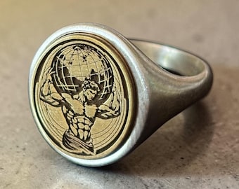 Atlas Signet Ring – Silver Holding the Globe Pinky Ring, Greek Titan Mythological Jewelry