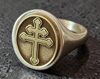 Cross of Lorraine Signet Ring – Double Cross Pinky Ring Jewelry