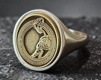Sisyphus Ouroboros Relief Signet Ring – Silver Greek Jewelry, Snake Pinky Ring