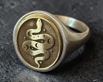 Snake Signet Ring – Moon Stars Serpent Pinky Ring, Celestial Witch Jewelry