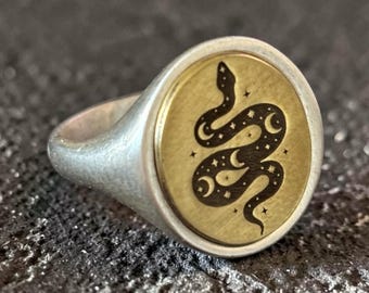 Snake Signet Ring – Moon Stars Serpent Pinky Ring, Celestial Witch Jewelry