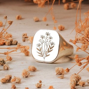 Gold Filled Signet Ring, Engraved Ring, Wildflower Ring, Custom Engraved Ring, Silver Signet Ring, Flower Signet Ring, Floral Signet Ring