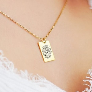 Sugar Skull Necklace, Dainty Women Skull Silver Necklace, Skull with Flower Pendant, Memento Mori Skull Necklace, Gold Skeleton Necklace
