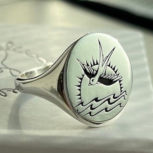 Swallow Bird Sterling Silver Signet Ring, Sailor Tattoo Jewelry, Wave and Sun Ring, Square Mens Biker Ring, Pirate Pinky Gold Filled Ring
