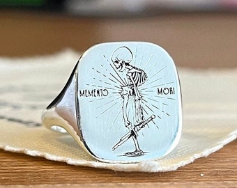 Memento Mori Signet Ring, Skull Pinky Ring, Silver Signet Ring, Gothic Signet Ring, Stoic Ring, Biker Signet Ring, Memento Mori Jewelry