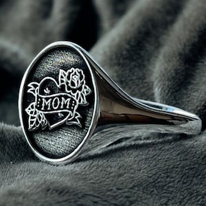 Mom Signet Ring, Old School Tattoos Inspired Signet Ring, Heart Silver Pinky Ring, Rose Signet Ring, Signet Ring for Men & Women
