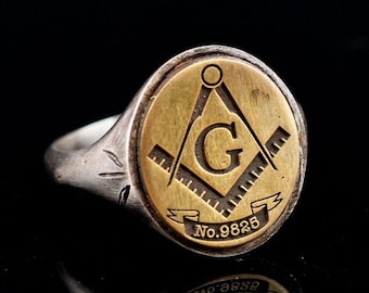 Vintage Personalized Masonic Ring, Master Mason Pinky Ring, Lodge Number Signet Ring, Freemason Jewelry Women, Men Masonic Symbol Rings