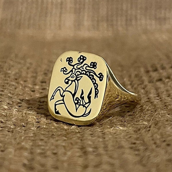 Scythian Deer Signet Ring, Ancient Tattoo Pinky Ring, Handcrafted Pagan Jewelry, Sterling Silver Signet Ring Men, Gold Signet Ring Women