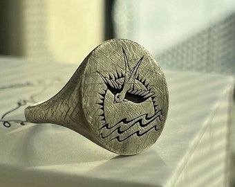 Vintage Swallow Bird Sterling Silver Signet Ring, Sailor Tattoo Jewelry, Wave and Sun Women Ring, Square Men Biker Ring, Pirate Pinky Ring