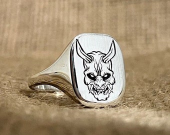 Oni Mask Signet Ring, Tatuaggio Giapponese/Arte Ispirato Pinky Ring, Gioielli Artigianali, Sterling Silver Signet Ring Men, Gold Signet Ring Women