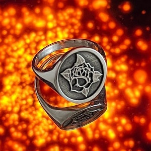 Rose Signet Ring, Sterling Silver Pinky Ring, Old School Tattoos Inspired Jewelry, Gold Floral Signet Ring, Signet Ring for Men & Women