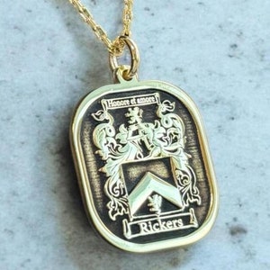 14k Gold Family Crest Necklace, Silver Coat of Arms Pendant, Personalized Jewelry, Custom Charm, College Chain, Gift for Him, Gift for Her