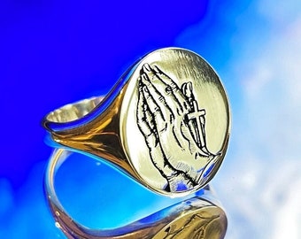 Praying Hands Crucifix Signet Ring, Sterling Silver Cross Ring, Artwork Albrecht Dürer, Artist Painter Signet Ring, Everyday Aesthetic Ring